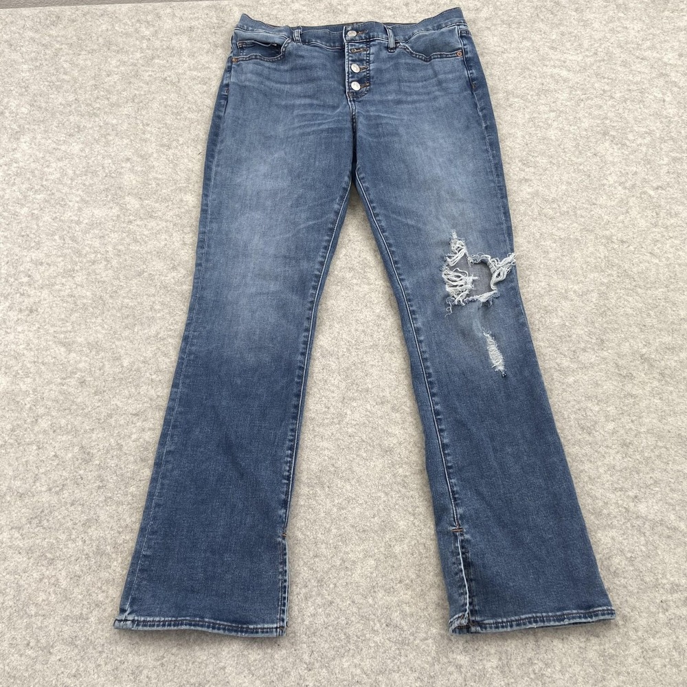 Express Skyscraper Flare Jeans Womens 12 (32x30) Blue Med Wash Distressed Denim
